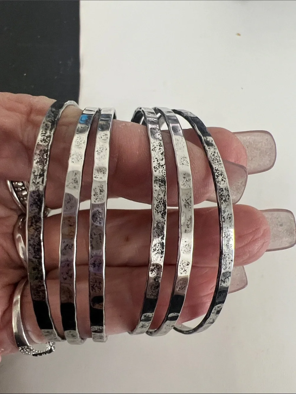 Silver Tone Hammered Multi-Bangle Bracelet Set